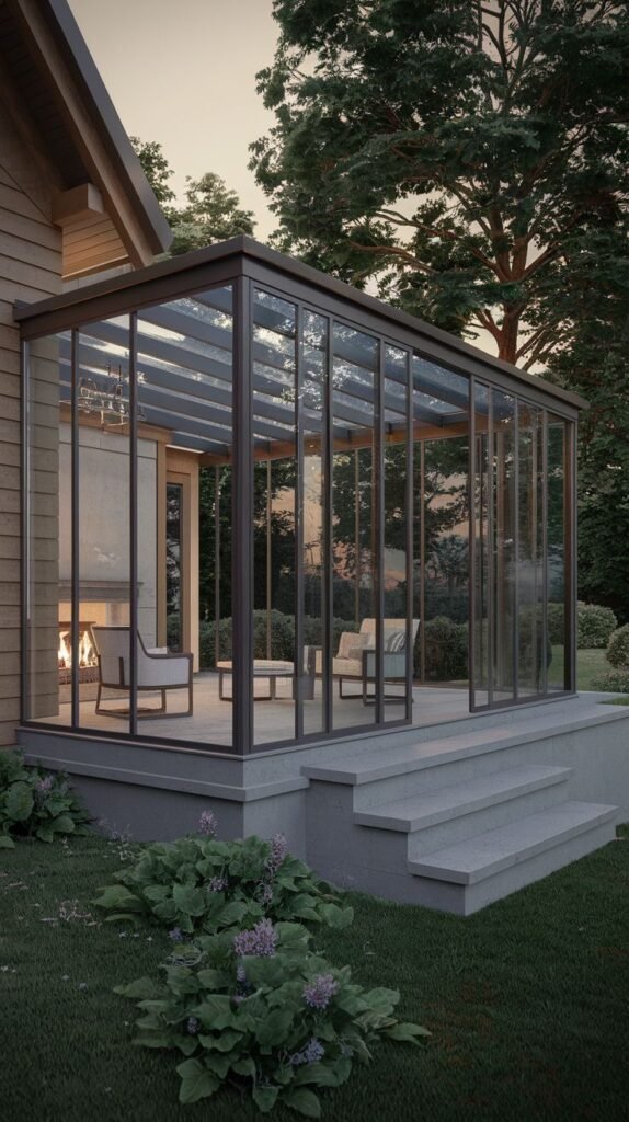 Elevated glass patio structure with dark framing and a concrete base, featuring a large internal fireplace built into the house wall, accessible via large stone steps.