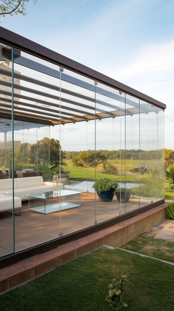 Long, transparent glass enclosure overlooking a bright golf course or large green landscape, featuring white modern seating and minimal structure on a low brick base.