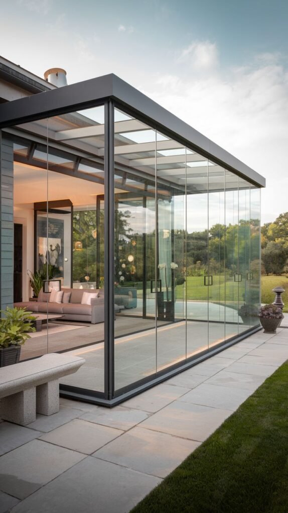 Wide, rectangular glass room with dark framing and integrated skylights in the roof, extending onto a large, light paved stone patio.