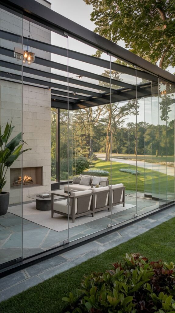 Luxurious glass lounge with dark beams and frameless walls, focused around a large, modern stone-clad fireplace integrated into the house wall, sitting on a stone patio.