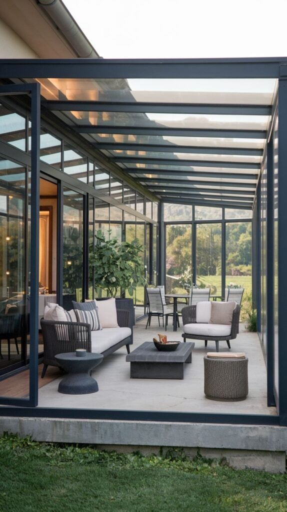 Glass-covered extension with a dark frame and clear roof, sitting on an exposed concrete base, housing modern seating and a dining area, overlooking a hilly landscape.