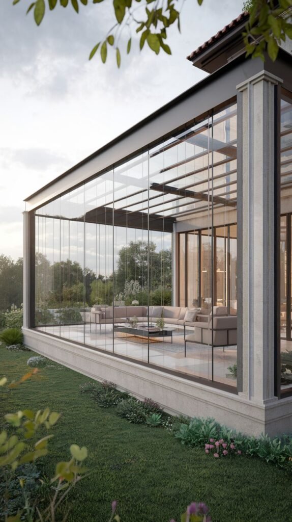 Glass pavilion featuring a prominent, vertically textured corner pillar, minimalist glass walls, and a low stone base, offering an extended lounge space.