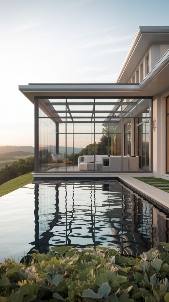 Contemporary glass enclosure with a light gray frame, positioned adjacent to a modern rectangular swimming pool with clear water reflections.
