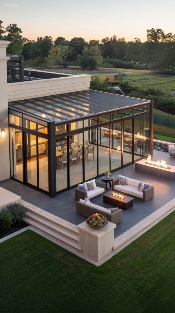 Large glass entertainment pavilion attached to a grand house, extending onto a multi-tiered stone terrace, with an adjacent open-air lounge featuring a rectangular fire pit.