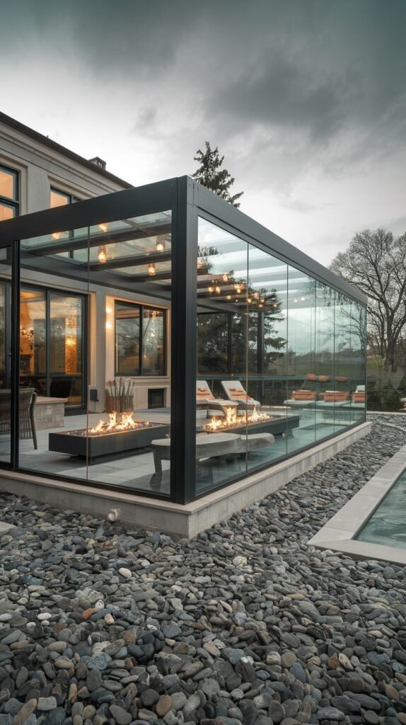 Long glass enclosure by a poolside setting with a dramatic dark frame, featuring exposed bulbs hanging overhead and a linear gas fire feature just outside the structure, set amidst dark river rock ground cover.