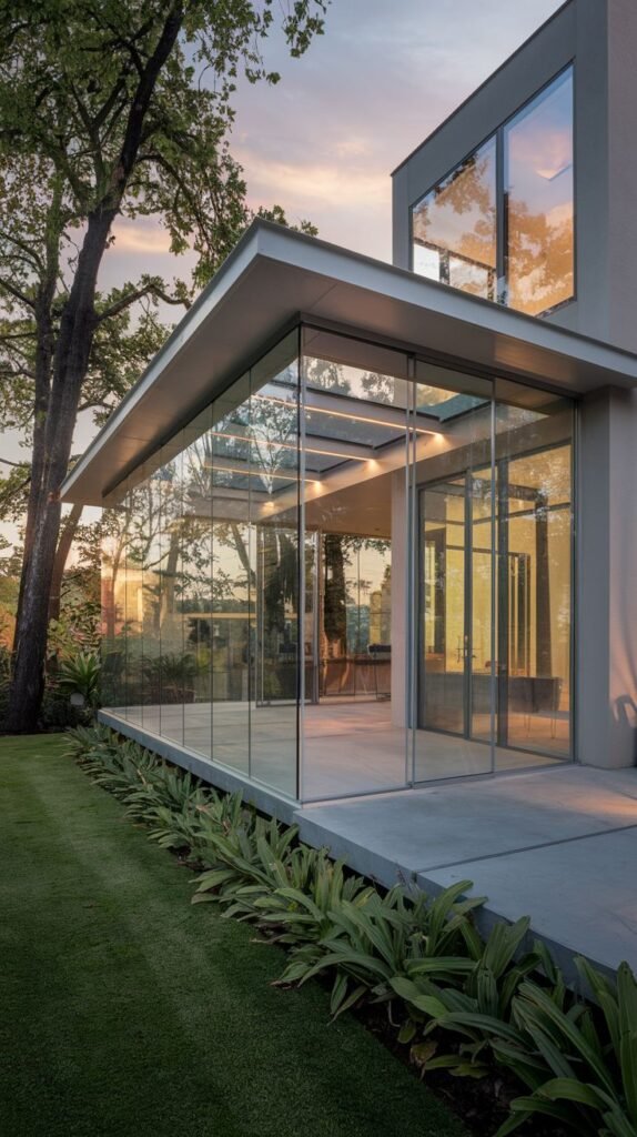 Modern cantilevered glass room extension on a gray contemporary house at sunset, featuring frameless glass walls, a flat glass roof, and a low concrete patio leading to a lawn.