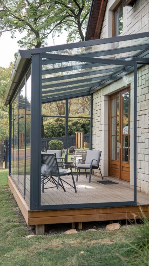 Semi-enclosed glass shelter with a light gray metal frame covering a raised wooden deck, furnished with simple outdoor seating and attached to a traditional stone house.