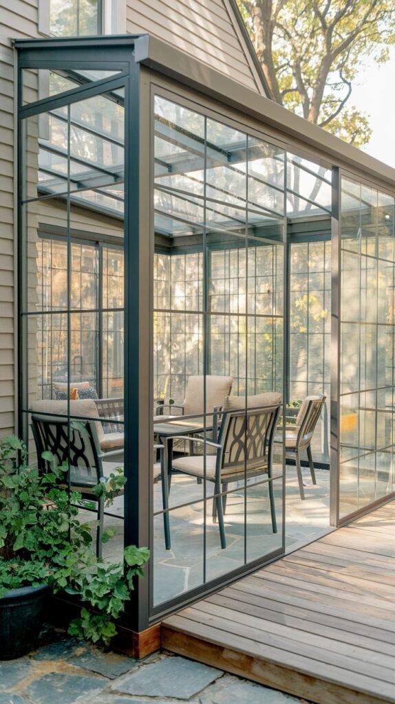 Victorian-inspired sunroom featuring dark, detailed metal mullions dividing the glass walls and roof, enclosing a dining set on a stone tile floor adjacent to a wooden deck.