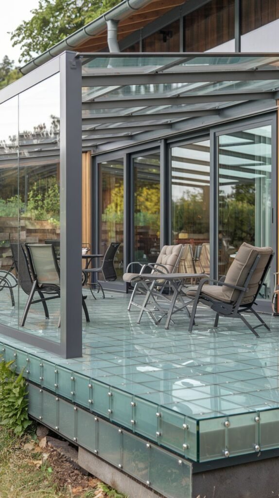 Modern patio enclosure featuring a highly unique glass block base foundation, supporting a gray-framed glass roof and walls, furnished with outdoor lounge chairs.