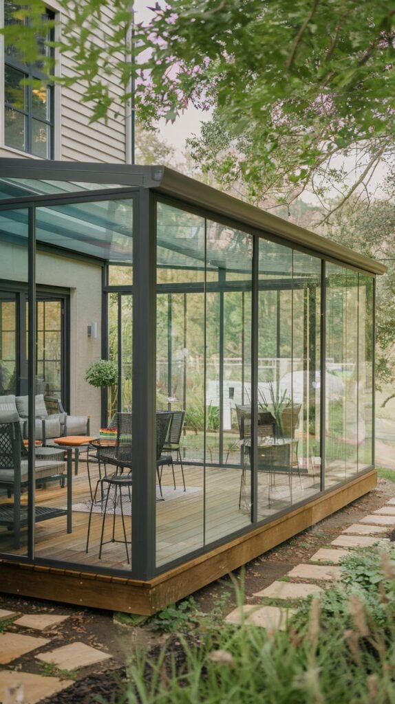 Long, narrow glass extension with a dark frame and clear roof, built upon a wooden deck, showing separated lounging and dining zones inside.
