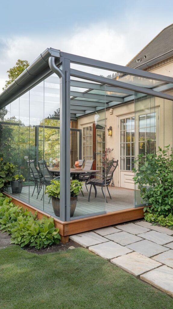 Glass covered deck attached to a stucco house, distinguished by a visible silver gutter system along the roofline and covering a wooden deck with a large dining table.