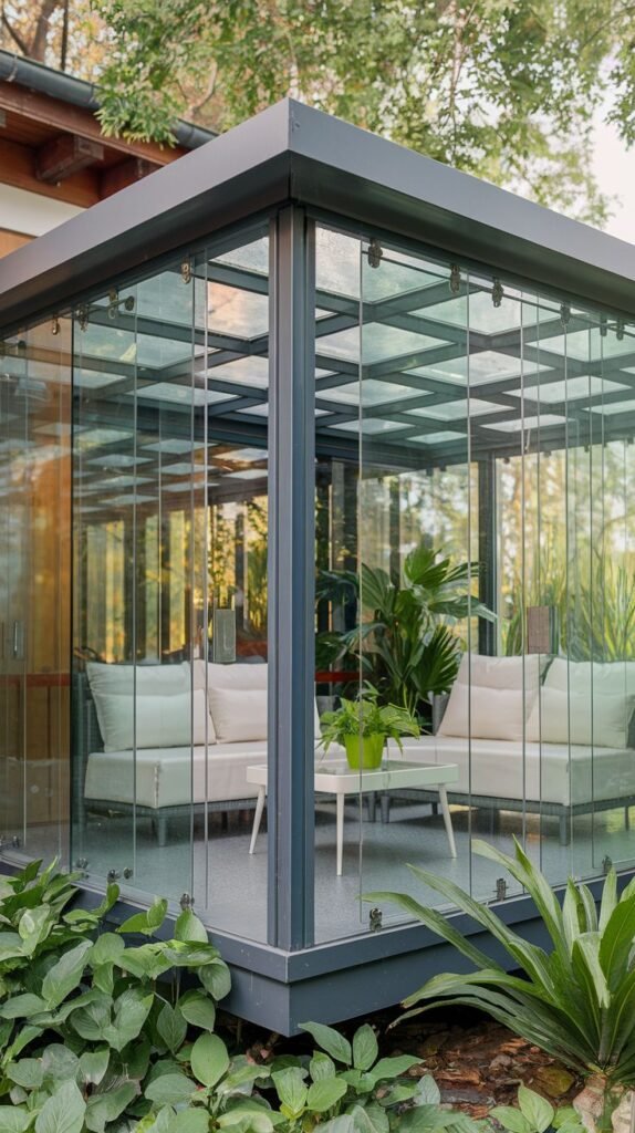 Compact corner glass pavilion with a dark gray frame and patterned roof structure, used as a sunroom for relaxing with white furniture and large potted tropical plants.