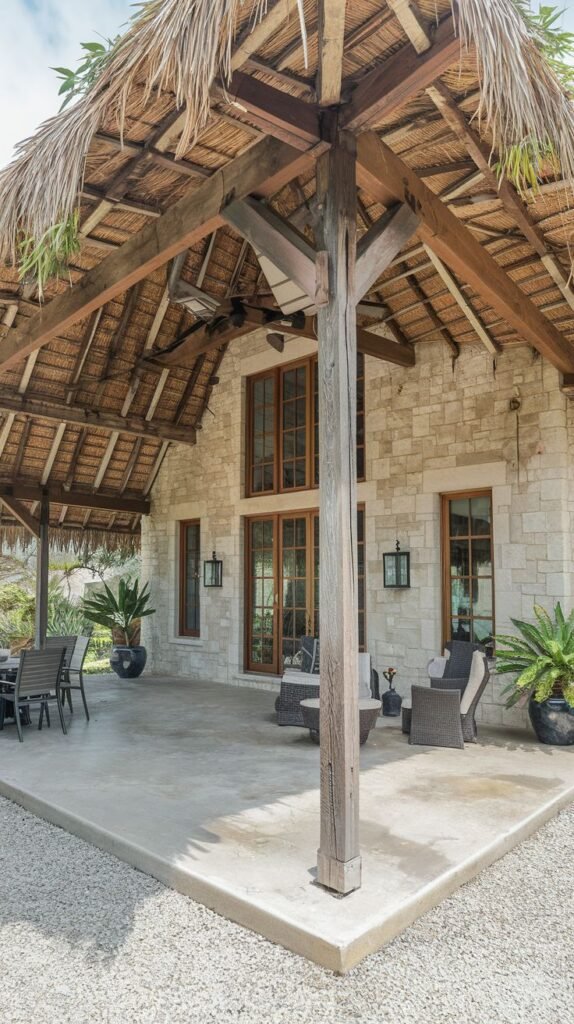 Tropical covered veranda with a sloped thatched roof supported by heavy timber framing and a rustic central wood post. The patio has a smooth concrete floor and is attached to a light-colored stone block house with tall French doors.