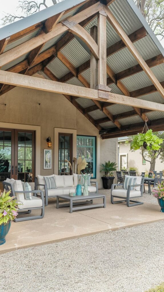 Vaulted covered patio with a corrugated metal roof over exposed wood beams. The concrete floor is surrounded by gravel, and the space features modern grey-framed lounge furniture attached to a tan stucco house.