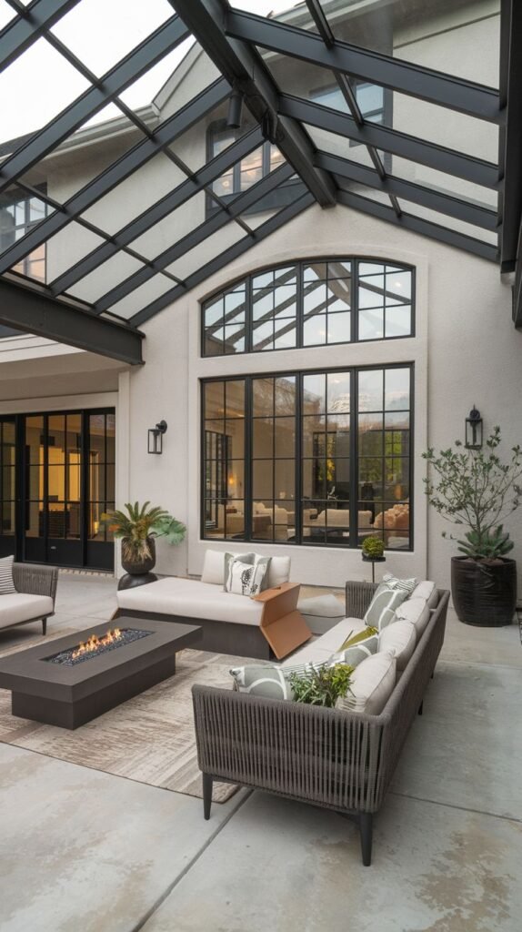 Modern covered patio enclosure featuring a dramatic, sloping glass roof supported by a black steel structure. The concrete floor includes rope-textured seating centered around a long, linear fire pit.