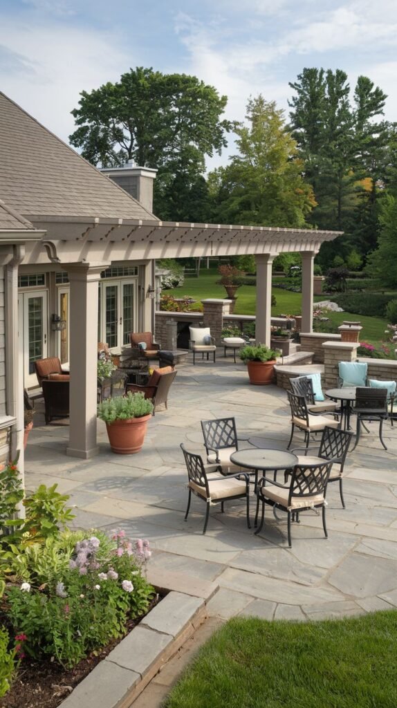 Expansive flagstone patio adjacent to a house with shingle siding, partially covered by a sturdy wooden pergola. The large area accommodates dining sets and lounge furniture groupings.