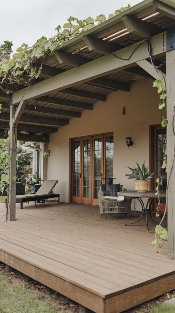 Elevated wooden deck covered by a deep, solid wooden roof structure, partially obscured by climbing vines. Attached to a stucco house with wood French doors, featuring casual seating and a chaise lounge.