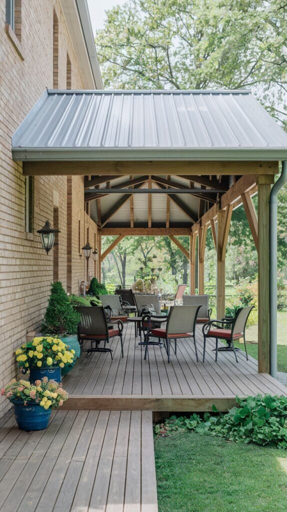 Covered wooden deck with a central gabled metal roof structure. Attached to a red brick house, the covered area is set up as an outdoor dining room.