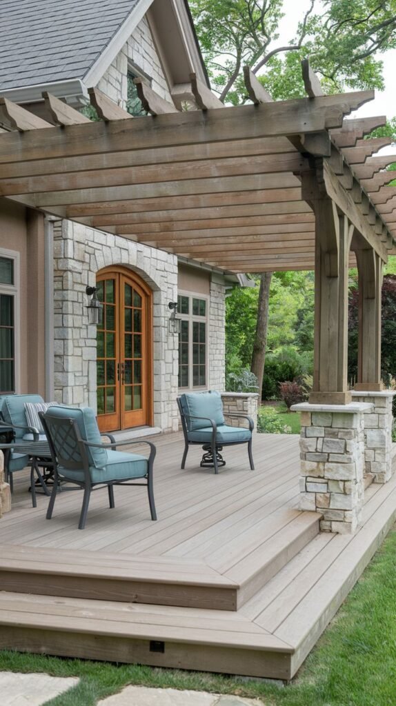 Elevated composite deck covered by an open wooden pergola supported by thick beams and stone pillars. Attached to a stone and stucco house, featuring dark chairs with light blue cushions.