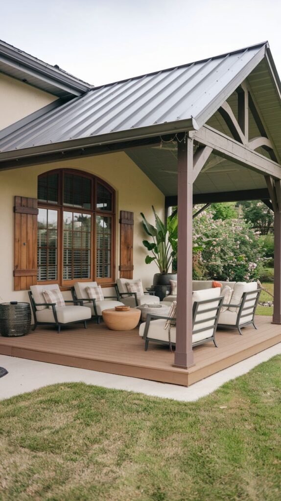 Covered deck extension featuring a steeply pitched dark metal roof and exposed wooden trusses. Attached to a stucco house with wooden shutters, the deck hosts lounge chairs around a small fire bowl.