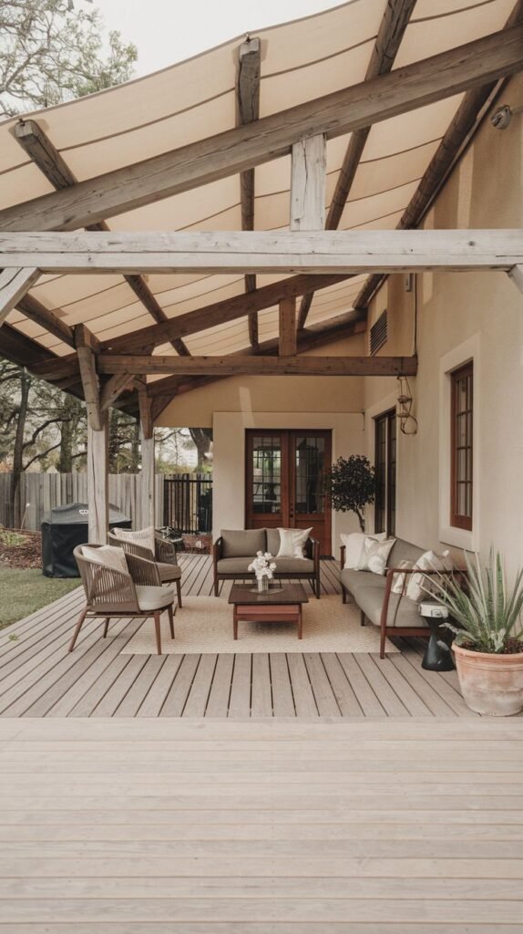 Deeply covered wooden deck using heavy, exposed timber beams spanned by a taut, light-colored fabric canopy. The space is furnished as a lounge area attached to a light stucco house.