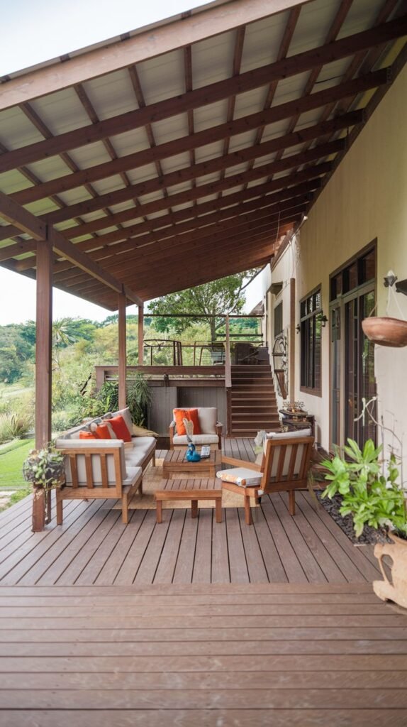 Long covered wood deck featuring a simple sloped wooden roof with exposed rafters, overlooking a scenic valley. The space contains rustic wood lounge furniture with bright cushions.
