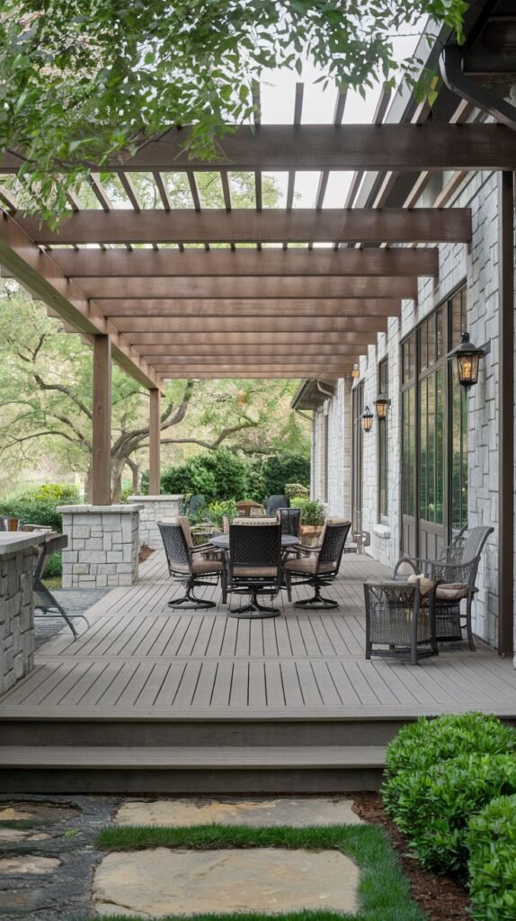 Elevated grey composite deck covered by a long, dark-stained wooden pergola structure supported by stone half-walls. Attached to a house with light grey shingle siding, featuring multiple dining arrangements.