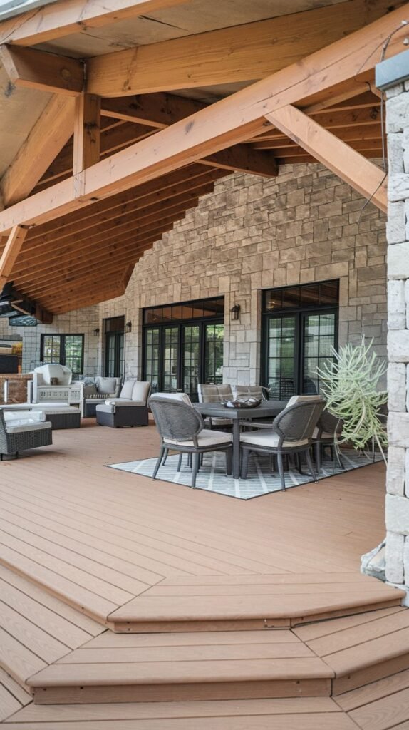 Elevated covered deck with an expansive, vaulted roofline and exposed timber trusses, attached to a house with stacked light stone siding. The deck features distinct dining and lounge areas.
