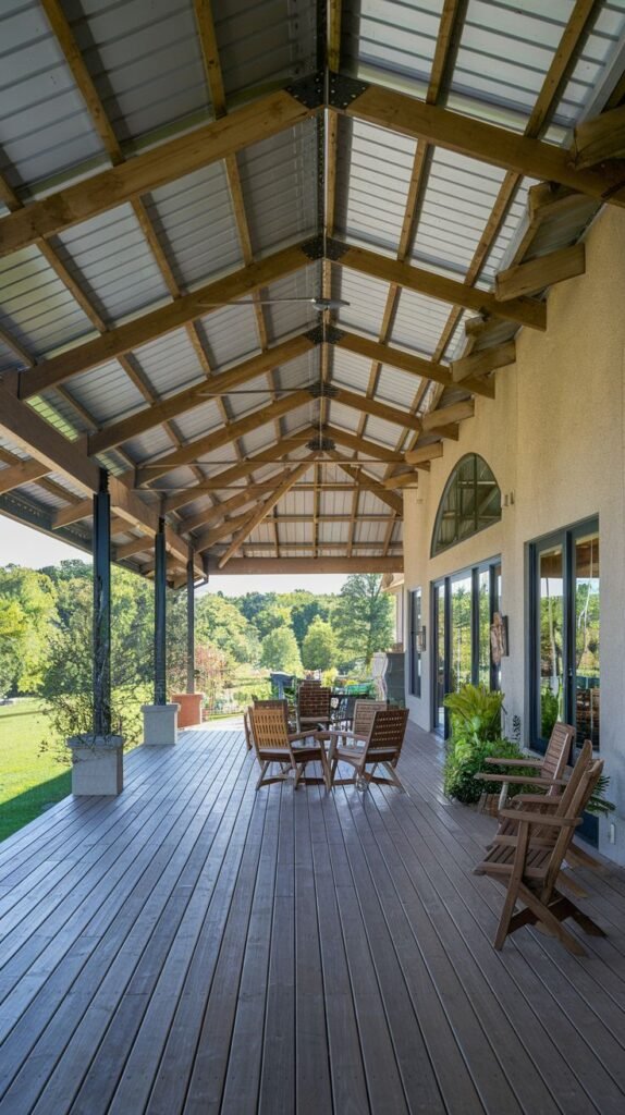Very wide, elevated covered deck featuring a high-vaulted corrugated metal roof and exposed wood trusses. The dark composite deck hosts dining and lounge furniture, offering panoramic views.