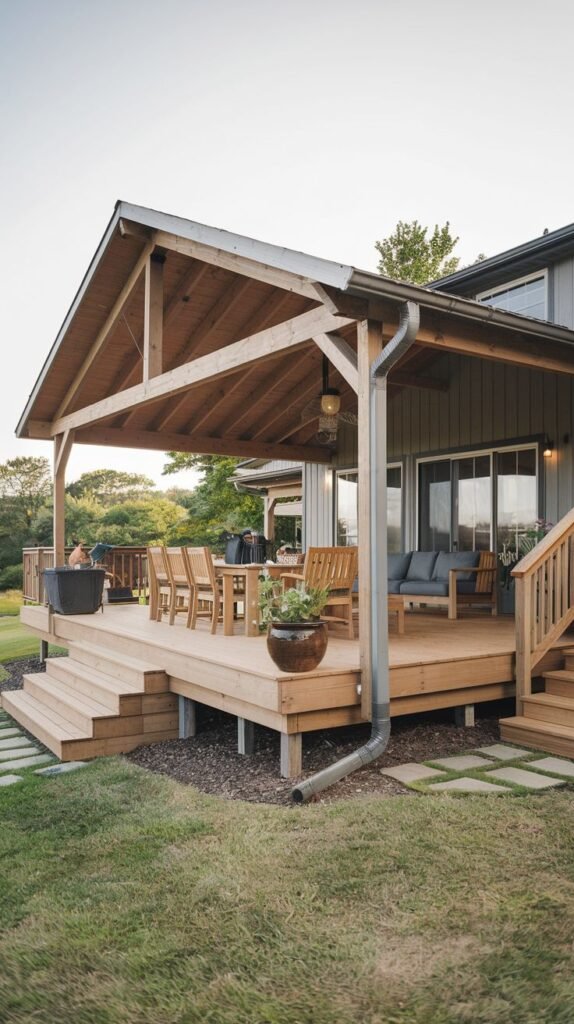 Elevated wooden deck with a central gabled covering featuring a finished wood ceiling and exposed truss work. Attached to a grey-sided house, the deck includes a dining set, lounge area, and a fire pit.