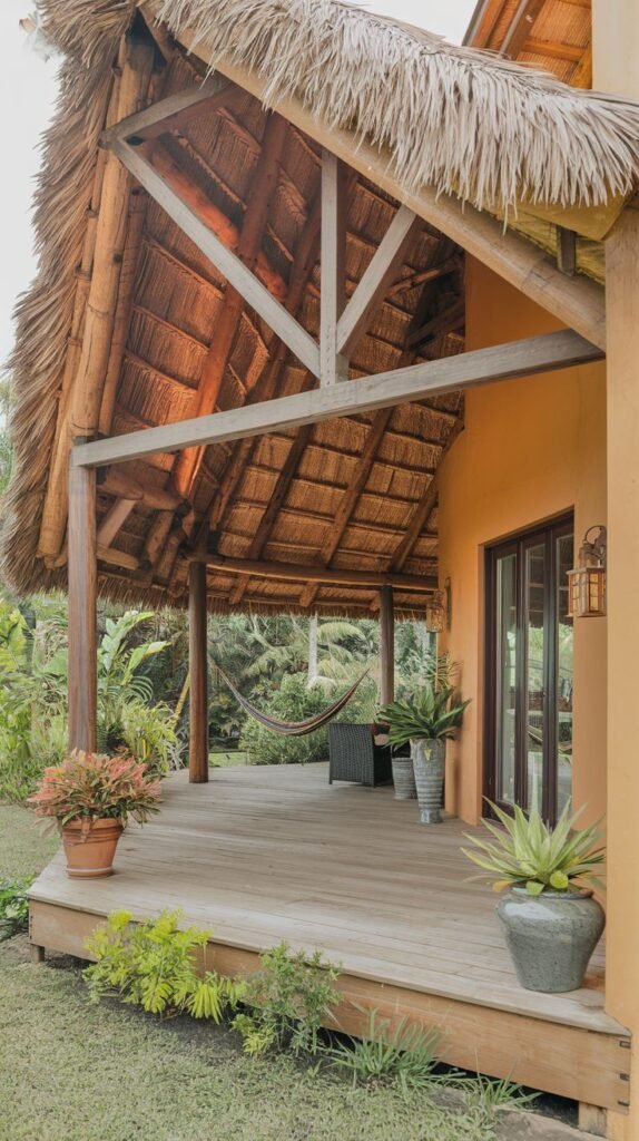 Tropical covered veranda with a steep, voluminous thatched roof supported by rustic log columns. The wooden deck hosts a hammock and potted tropical plants, attached to an orange/tan stucco house.