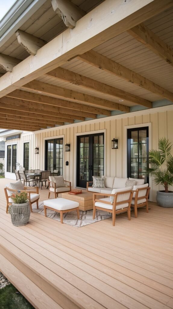 Wide, long covered porch featuring light wood beams and exposed ceiling joists. Attached to a light-colored board-and-batten house, the wooden deck is divided into lounge and dining areas with modern white-cushioned seating.