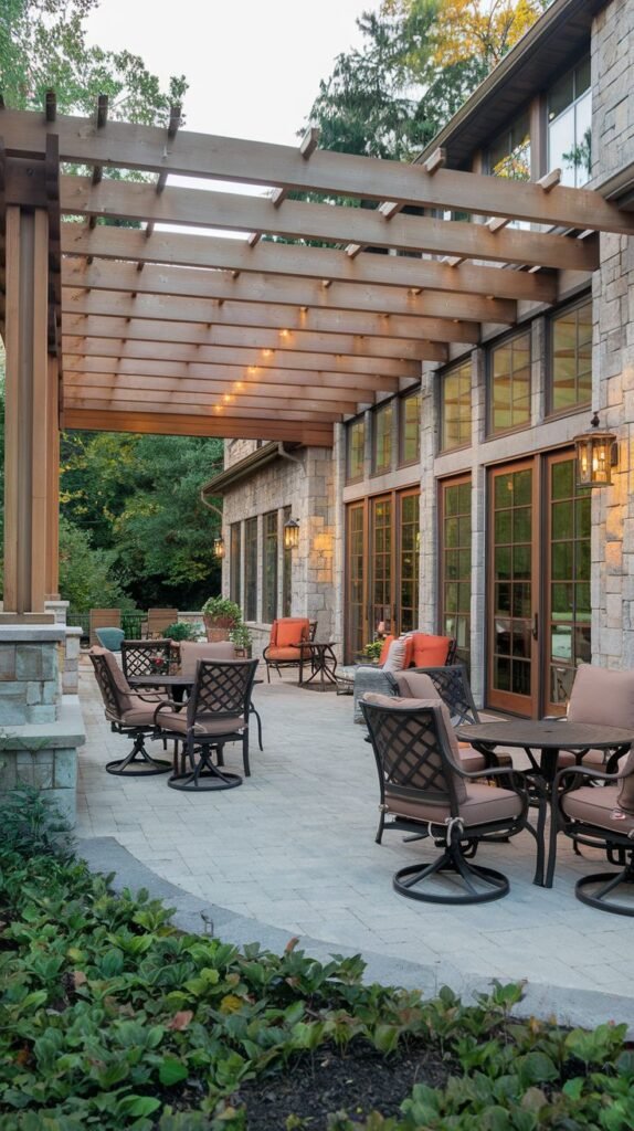 Large outdoor patio area paved with irregular flagstones, partially covered by a light-toned wooden pergola. The area is set up for dining and lounging, adjacent to a light-colored shingled house.