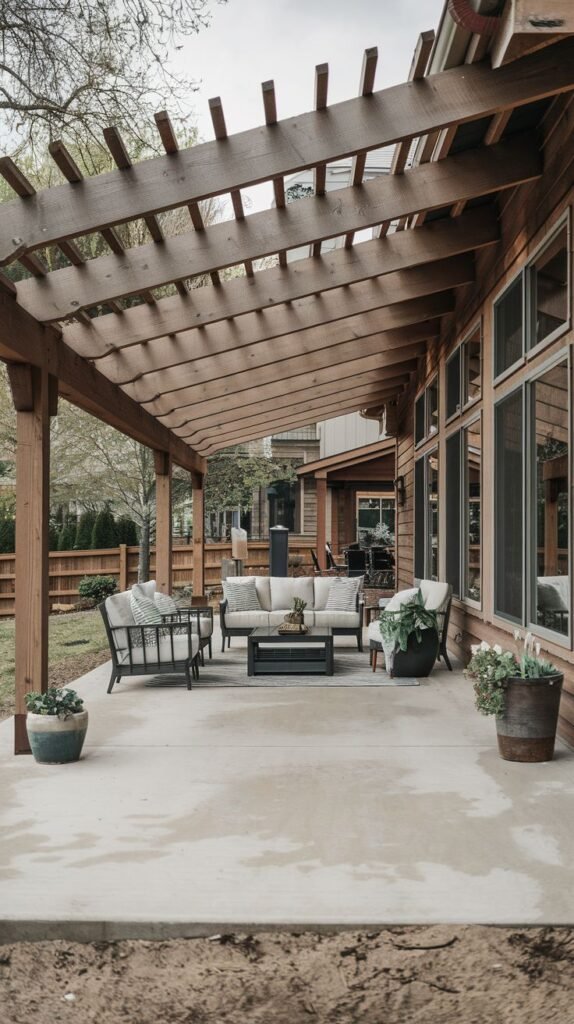 Concrete patio partially covered by a simple, slanted wooden pergola structure. Attached to a natural wood-sided house with tall windows, featuring modern dark-framed lounge seating.
