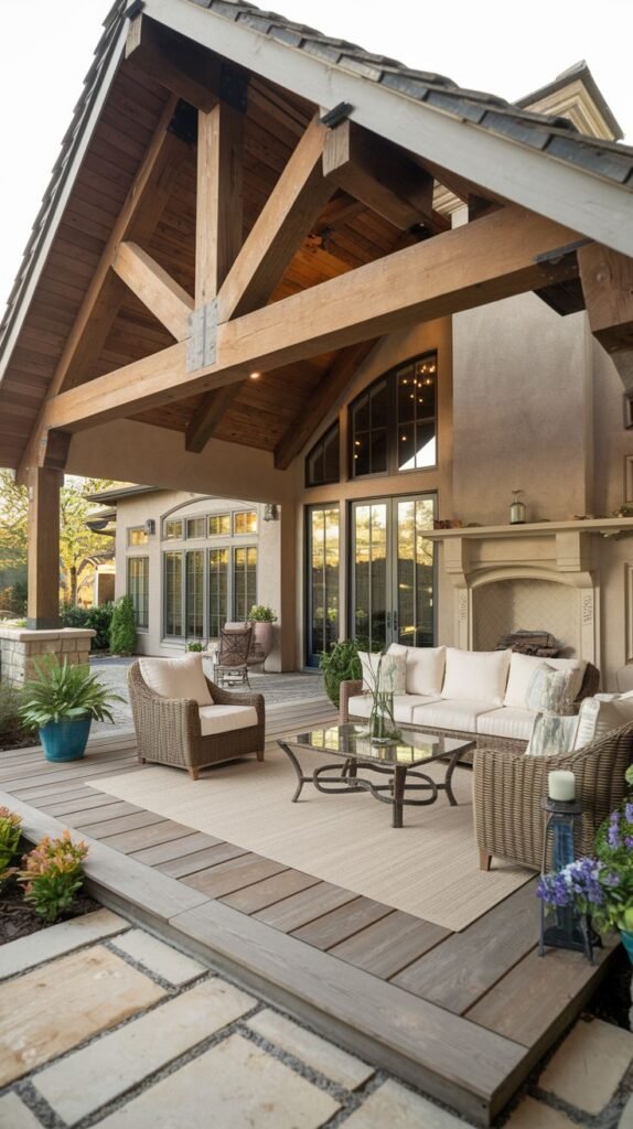 Covered patio structure with heavy, exposed dark wood trusses and a gabled roof. The floor is a mix of light flagstone and wide wood planks, attached to a stucco house with an outdoor fireplace.