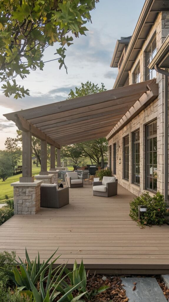Covered patio area featuring a metal-clad, gabled roof attached to a traditional red brick house. The deck floor features an outdoor dining set under the cover.