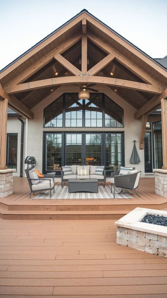 Central covered deck extension with a high gabled roof and impressive exposed wooden truss work. Attached to a stucco house, the deck features a lounge set under the cover and a stone fire pit nearby.