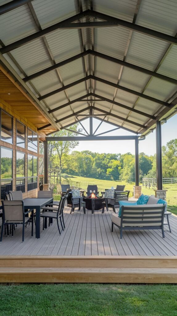 Spacious elevated deck covered by an extensive industrial-style metal roof with open truss supports. The deck hosts mixed seating around a fire feature, maximizing views of the open fields.