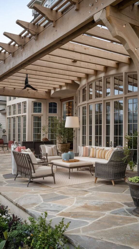 Expansive flagstone patio partially covered by a light-toned wooden pergola with thick beams and integrated lighting. Attached to a house with numerous French doors, featuring sophisticated indoor-style outdoor lounge seating.