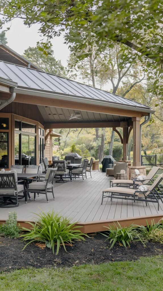 Wide covered deck featuring a metal hip roof and stained wood supports. The deck accommodates lounge seating (chaise lounges), a dining set, and an outdoor grilling station.