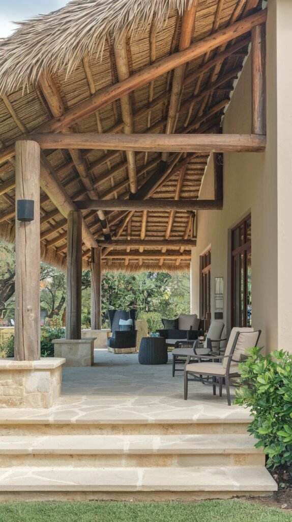 Deep, rustic covered veranda with a thick thatched roof supported by massive, rough log posts. The patio floor is light flagstone with stone steps, attached to a light stucco house.