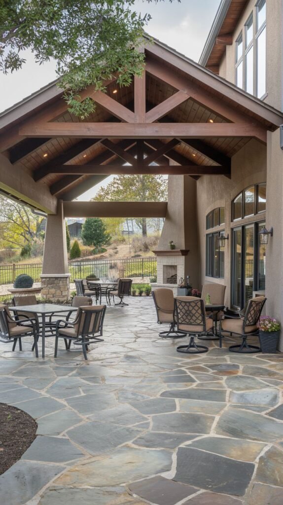 Covered patio defined by dark exposed wooden trusses and a gabled roof, extending over irregular blue-grey flagstone paving. Features a built-in stone fireplace and dining/lounge seating.