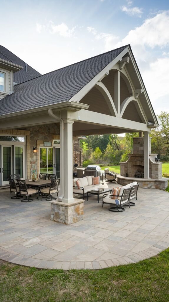 Large, elegant covered pavilion with a gabled roof featuring decorative arched bracing. Located on a rounded paver stone patio with a built-in stone fireplace and grill area.