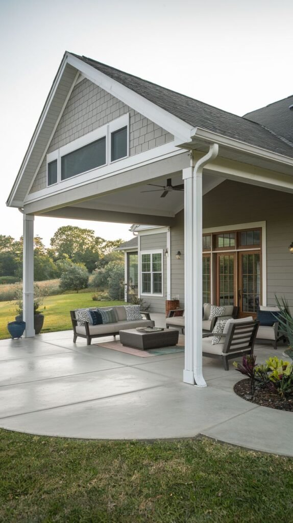 Gabled covered patio with a smooth concrete floor and white columns, featuring horizontal clerestory windows in the gable peak. Attached to a grey-sided house, hosting light-toned lounge furniture.