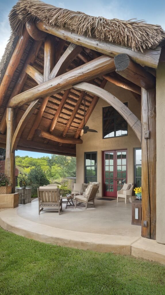 Deeply covered patio featuring a heavy thatched roof supported by naturally curved log structural arches. The floor is a smooth, rounded concrete slab; attached to a stucco house with red French doors.
