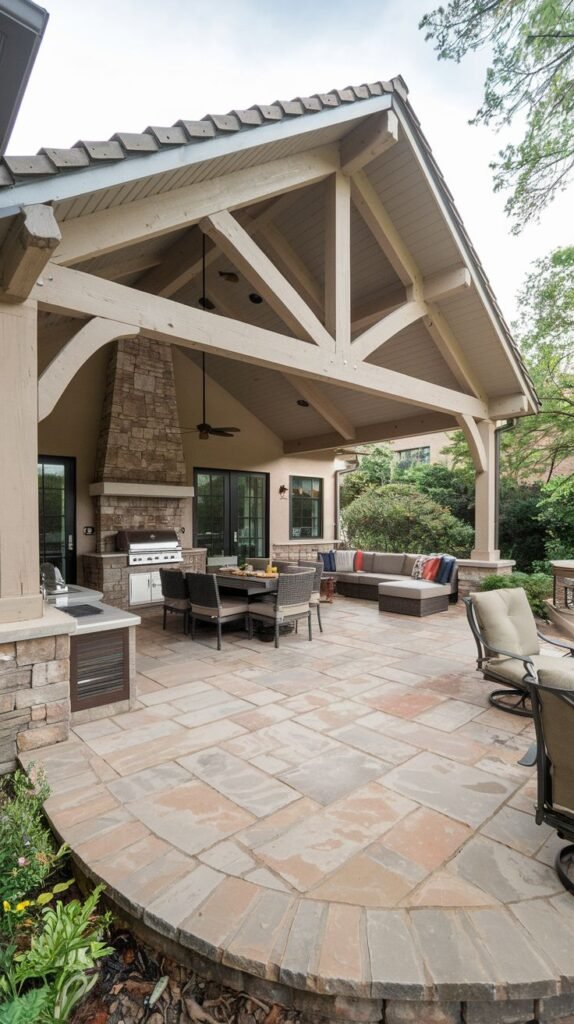 Extensive gabled pavilion with exposed beige trusses covering a large paver stone patio. The area includes a tall stone chimney, grilling station, and extensive dining and lounge arrangements.