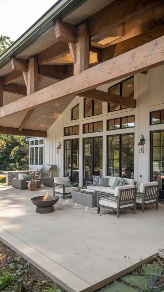 Modern farmhouse patio covered by a massive exposed timber beam structure and light wood ceiling. Attached to a white board-and-batten house with black windows, the concrete patio features light-framed lounge seating facing a low fire bowl.