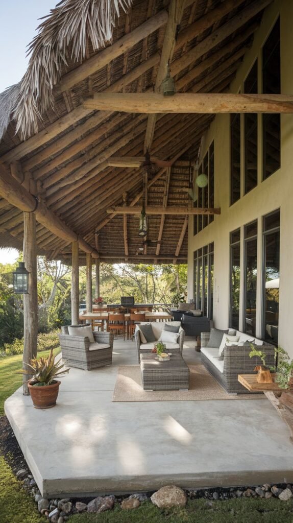 Extremely deep covered veranda featuring a massive thatched roof supported by rustic log columns. The wide concrete floor hosts multiple functional zones, including a central lounge area and a dining set further back.