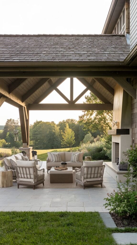 Covered patio featuring a shingled, gabled roof with exposed wood truss details. Attached to a shingle-sided house, the patio includes a stone fireplace and neutral-toned lounge seating on square stone pavers.