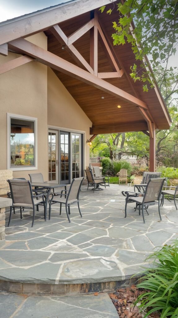 Patio featuring a gabled wood structure cover and large, irregular blue-grey flagstone flooring. Attached to a tan stucco house, the area primarily accommodates dark mesh dining sets.